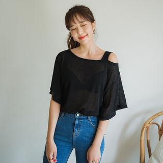 Cutaway-shoulder Sheer Knit Top