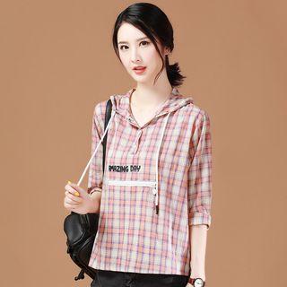 3/4-sleeve Plaid Hooded Top
