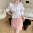 Short-sleeve Lace Trim Blouse / Mesh Panel Mini Pencil Skirt