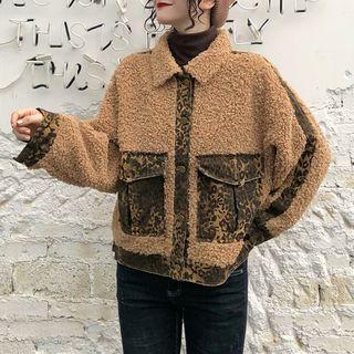 Leopard Print Pocket Buttoned Jacket Light Brown - One Size