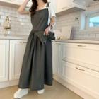 Gathered-waist Long Overall Dress Black - One Size
