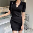 Collared Ribbed Knit Bodycon Dress