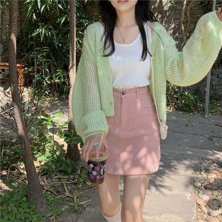 Plain Cardigan / Plain Tank Top / High-waist Washed Mini Skirt