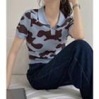 Short-sleeve Cow Print Slim-fit Polo Knit Top