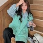 V-neck Button-up Sweater Vest / Striped Shirt
