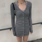 Set: Halter Top + Long-sleeve Button-up Mini Sheath Dress