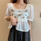 Short-sleeve Floral Embroidered Knit Panel Blouse