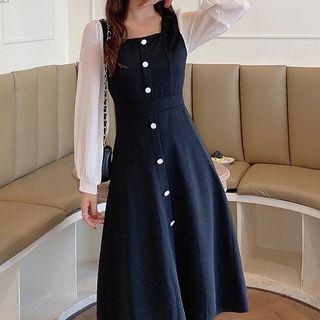 Contrast Long Sleeve Square Neck Buttoned A-line Dress