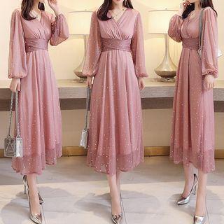 Star Sequined Long-sleeve Wrap Midi A-line Dress