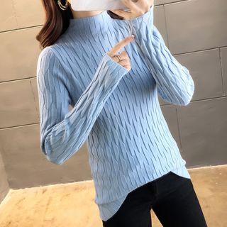 Mock-neck Plain Ribbed Knit Top