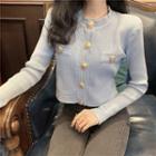 Long-sleeve Button-up Knit Top Blue - One Size