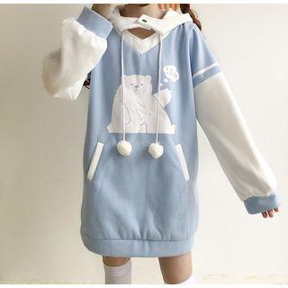 Bear Print Hoodie Dress Light Blue - One Size