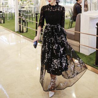 Elbow-sleeve Lace Panel A-line Maxi Dress