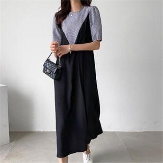 Puff-sleeve Color-block Dress Black - One Size