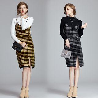 Set: Plain Knit Top + Sleeveless Houndstooth Dress