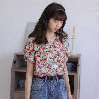 V Collar Short-sleeved Floral Chiffon Top