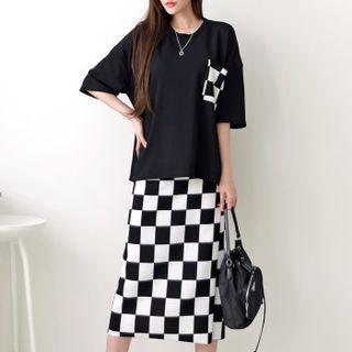Set: Patched T-shirt + Patterned Midi Skirt