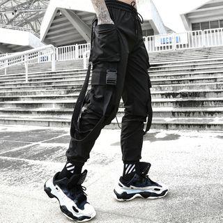 Buckled Strap Letter Cargo Harem Pants