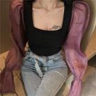 Two-tone Panel Long-sleeve Square-neck Top As Shown In Figure - One Size
