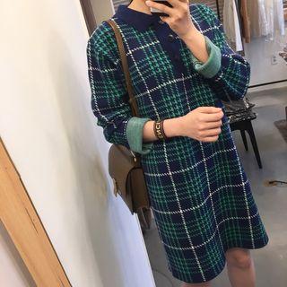 Plaid Long-sleeve Knit Dress Blue - One Size
