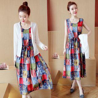 Set: Printed Sleeveless A-line Midi Dress + Lace Panel Light Jacket