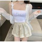 Lace Trim Cardigan / Butterfly Applique Camisole Top / Shorts