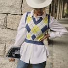Argyle Color Block Cropped Knit Vest