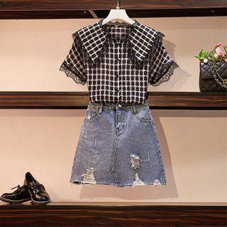 Short-sleeve Plaid Blouse / Denim Mini A-line Skirt