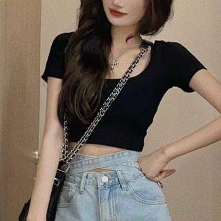 Short-sleeve Crop T-shirt Black - One Size