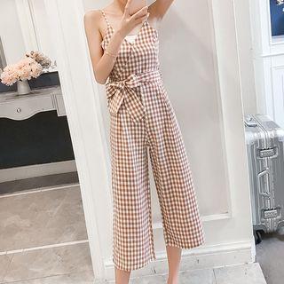 Plaid Spaghetti Strap Wide Leg Jumpsuit