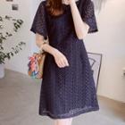 Round-neck Perforated A-line Dress Navy Blue - One Size
