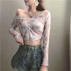 Long Sleeve Boatneck Ruffle Trim Shirred Floral Crop Top Floral - One Size