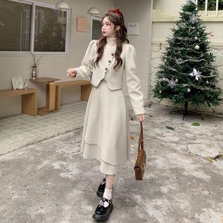 Asymmetrical Button-up Jacket / Midi A-line Skirt