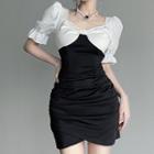 Puff-sleeve Two-tone Asymmetrical Hem Mini Bodycon Dress