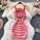 Plain Off-shoulder Ruched Spaghetti-strap Dress