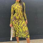 Long-sleeve Zebra Print Midi Sheath Dress