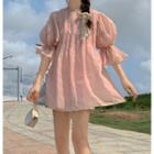 Bell-sleeve Plain Pleated Dress Pink - One Size