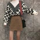 Set: Mock Two-piece Mock-neck Sweater + A-line Mini Skirt