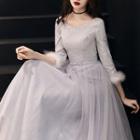 Long-sleeve A-line Mesh Evening Gown