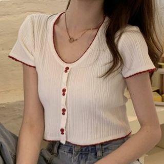 Short-sleeve Contrast Trim Crop Knit Top