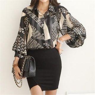 Bishop-sleeve Pattern Chiffon Shirt Black - One Size