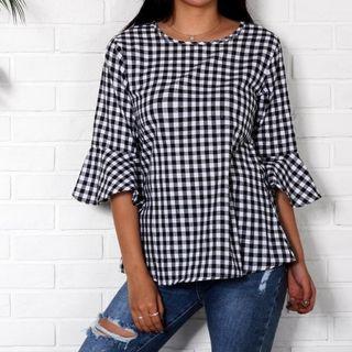 Checked Flared-sleeve Blouse