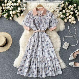Color Block Lapel Ruffle Floral Dress
