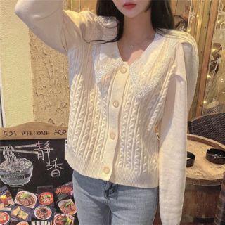 Lace Trim Cable Knit Cardigan Cream White - One Size