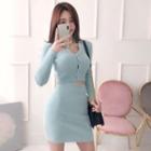 Set: Collared Cropped Cardigan + Mini Rib-knit Skirt