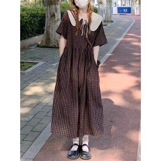 Elbow-sleeve Collar Plaid Midi A-line Dress Plaid - Brown - One Size