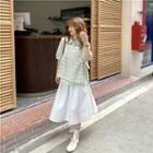 Short-sleeve Plaid Blouse / Midi A-line Skirt / Lace Vest