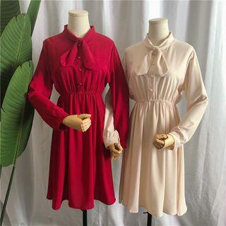 Plain Long-sleeve Midi Chiffon Dress