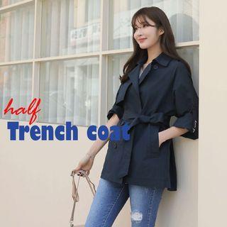 Tap-sleeve Letter-embroidered Trench Jacket With Sash