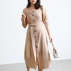 Square Neck Puff Sleeve Buttoned Dress